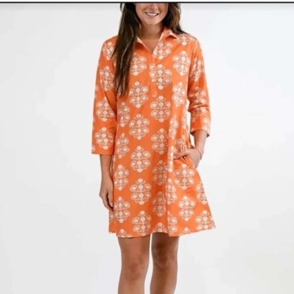 Victoria Dunn Sully Mandarin Collar Preppy Dress Orange White Floral Cotton XL